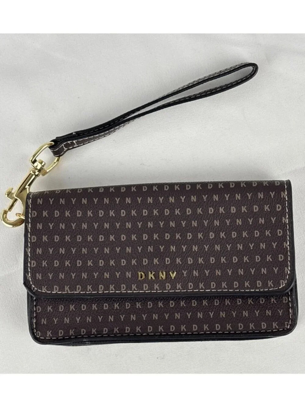 DKNY Convertible Belt Bag Wristlet Pouch Brown Monogram Logo Fanny Pack Clutch